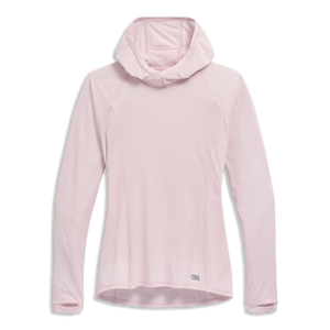 Outdoor Research Women's Echo Sun Hoodie in Cherry Blossom on a neutral background.