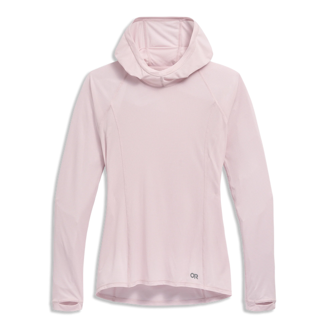 Outdoor Research Women's Echo Sun Hoodie in Cherry Blossom on a neutral background.