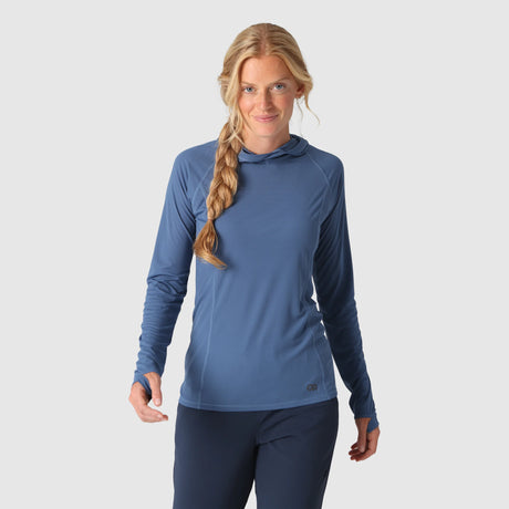 Outdoor Research Women's Echo Sun Hoodie in Skyline on a neutral background.