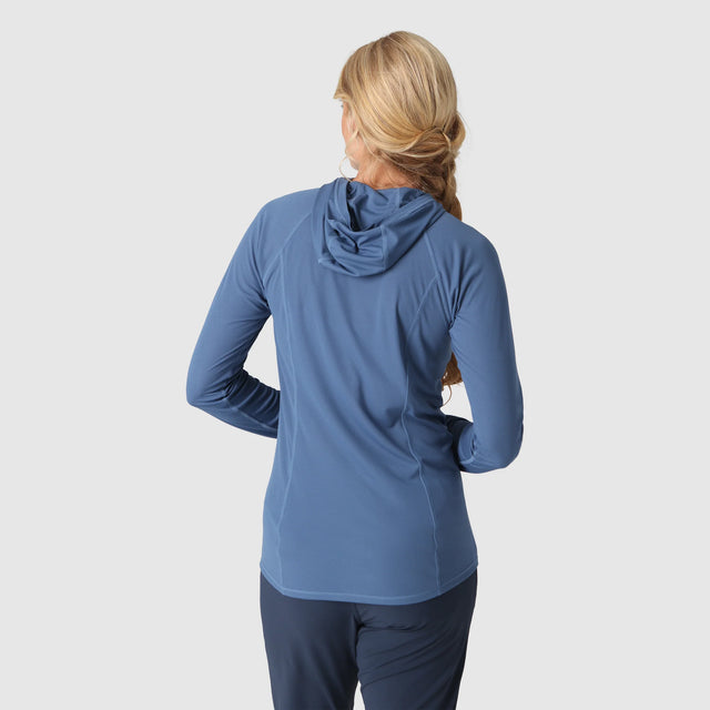 Outdoor Research Women's Echo Sun Hoodie in Skyline on a neutral background.