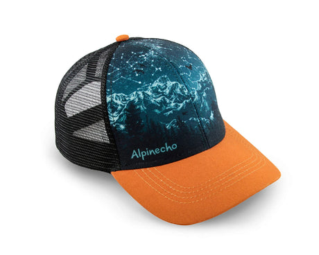 Alpinecho Stargazer Trucker Hat viewed from the front to show the star constellation and mountain design.