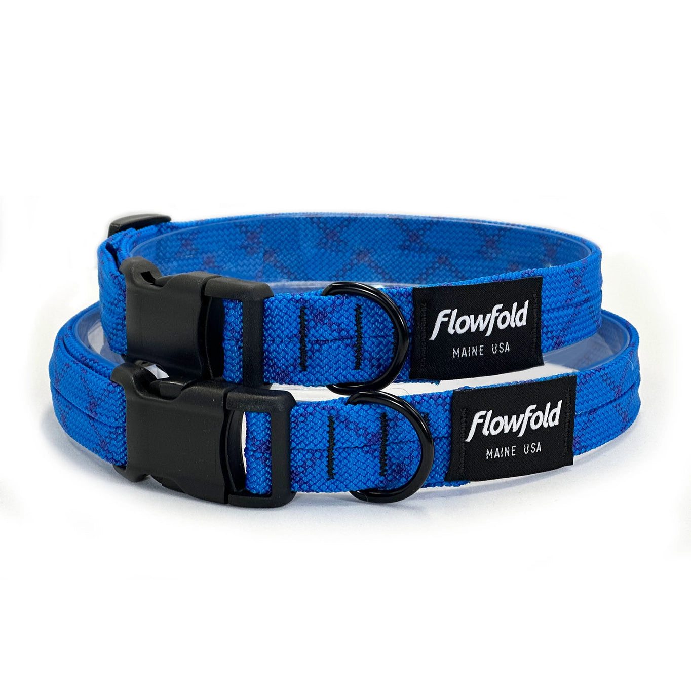 Flowfold Recycled Climbing Rope Dog Collar made in the USA on a neutral background showing different sizes.