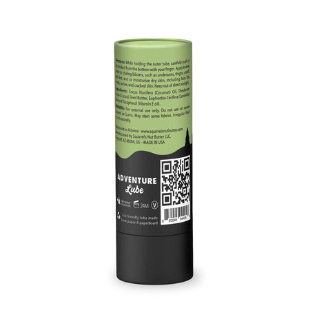 Squirrel's Nut Butter Anti-Chafe balm in an eco-friendly compostable tube with brand logo, emphasizing sustainable packaging.