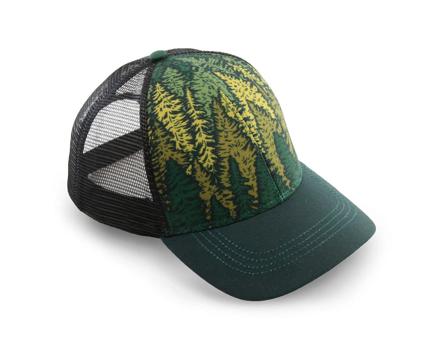 Alpinecho Into The Forest Trucker Hat viewed from the front and showcasing the forest design.