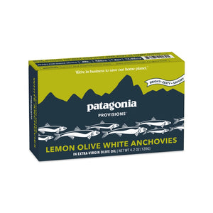 Box of Patagonia Provisions Lemon Olive White Anchovies on a white background