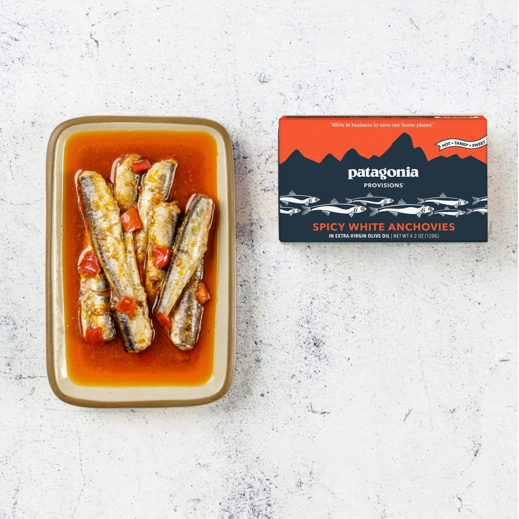 Spicy white anchovies in a dish with Patagonia Provisions packaging on a textured surface