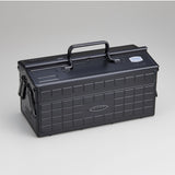 Toyo Steel ST-350 metal toolbox in Black with a handle on a gray background