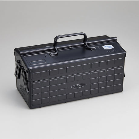 Toyo Steel ST-350 metal toolbox in Black with a handle on a gray background
