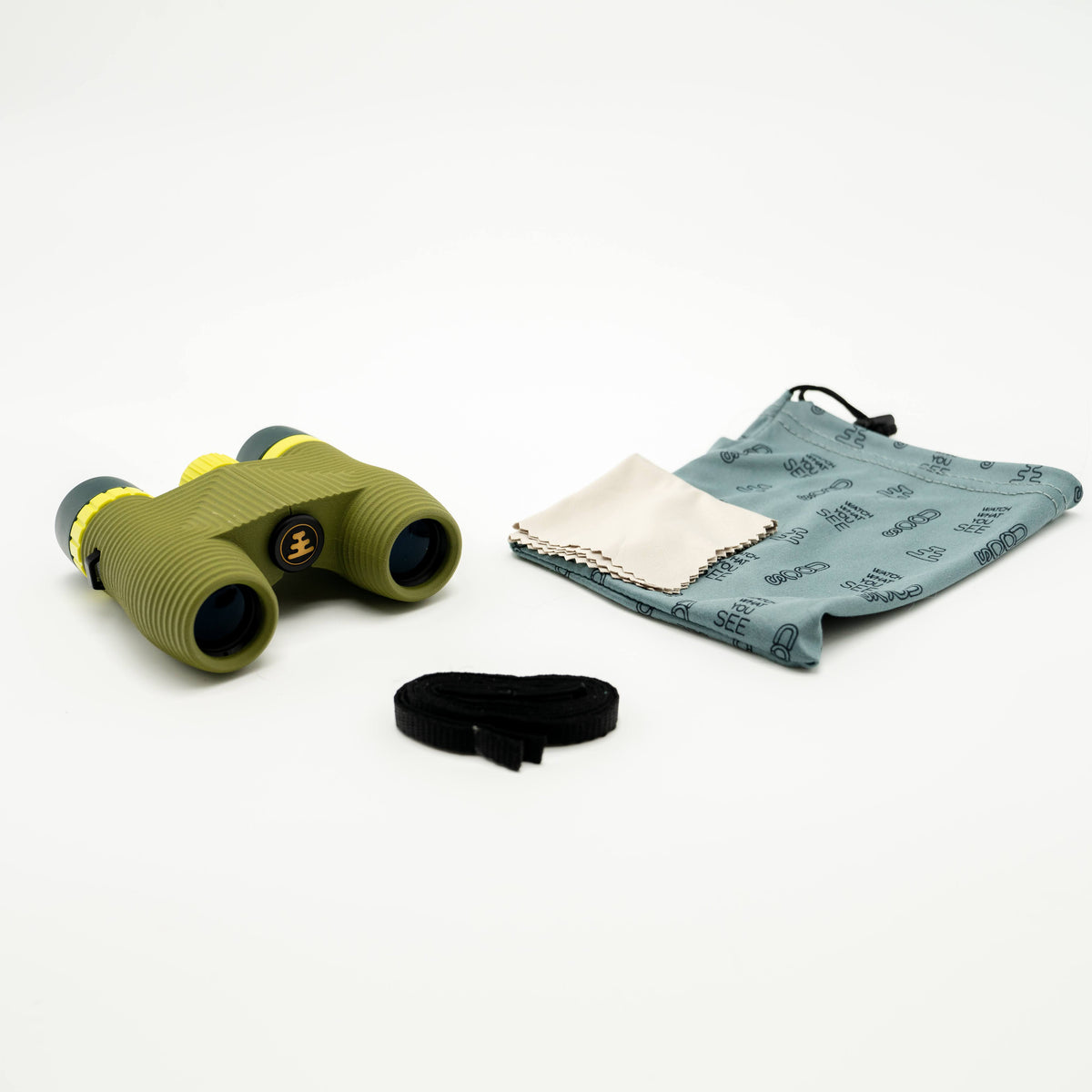 Nocs Standard Issue 10x25 Waterproof Binoculars in olive green showing the pouch and strap it comes with on a neutral background.