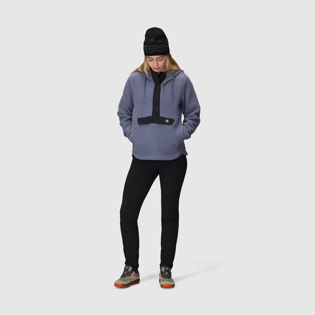 Person wearing an Outdoor Research Women's Grayland Fleece Pullover Hoodie on a white background