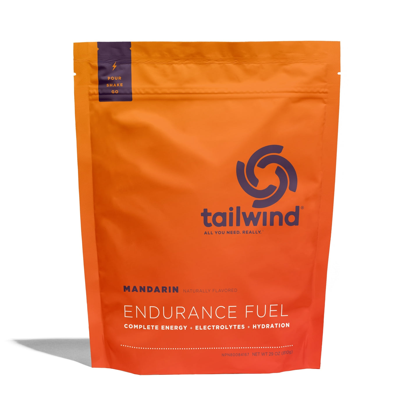 Tailwind Nutrition Endurance Fuel in Mandarin bag on a neutral background.