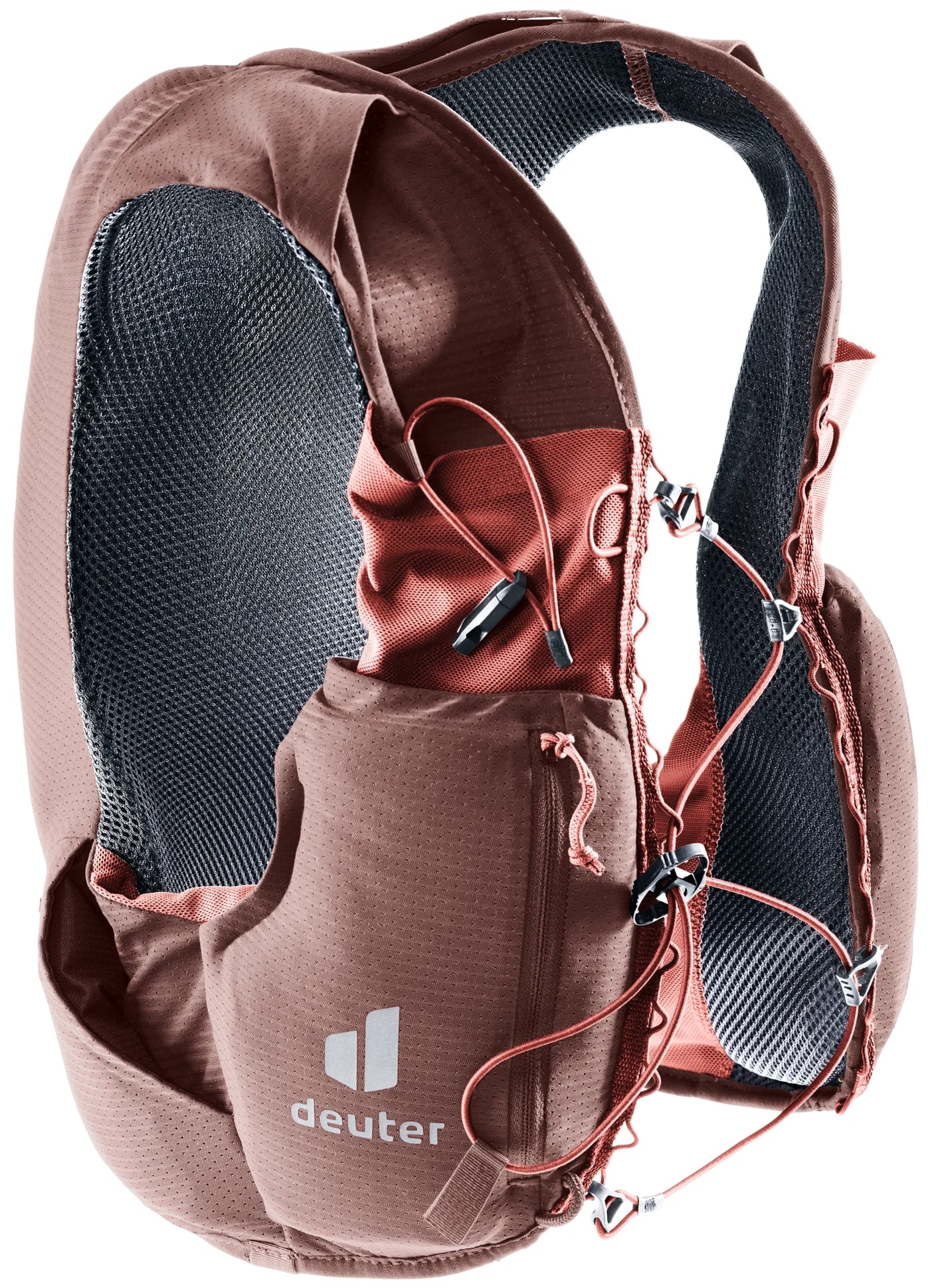 deuter Traick 5 SL running hydration vest in Raisin-Caspia on a neutral background.