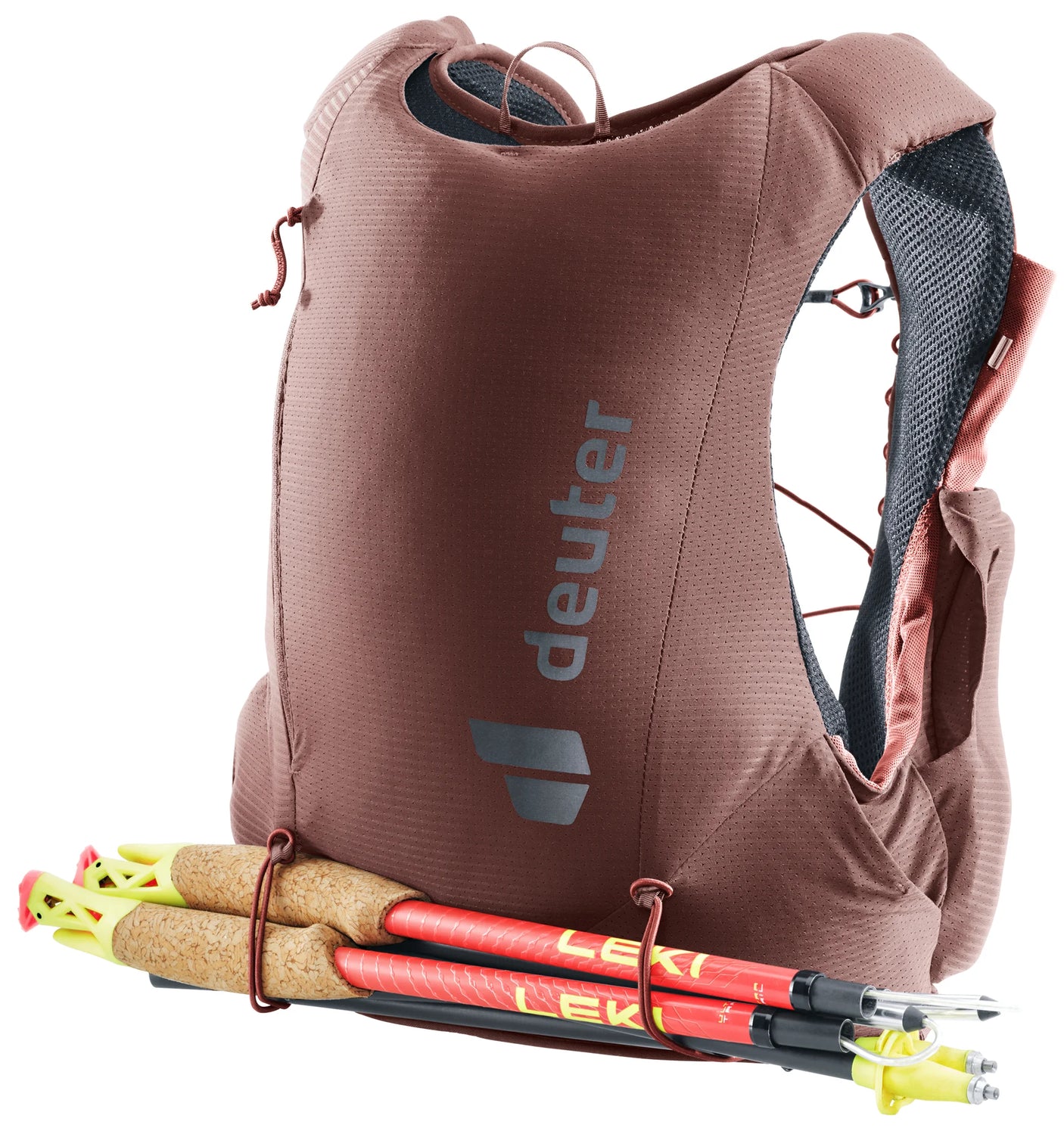 deuter Traick 5 SL running hydration vest in Raisin-Caspia on a neutral background.