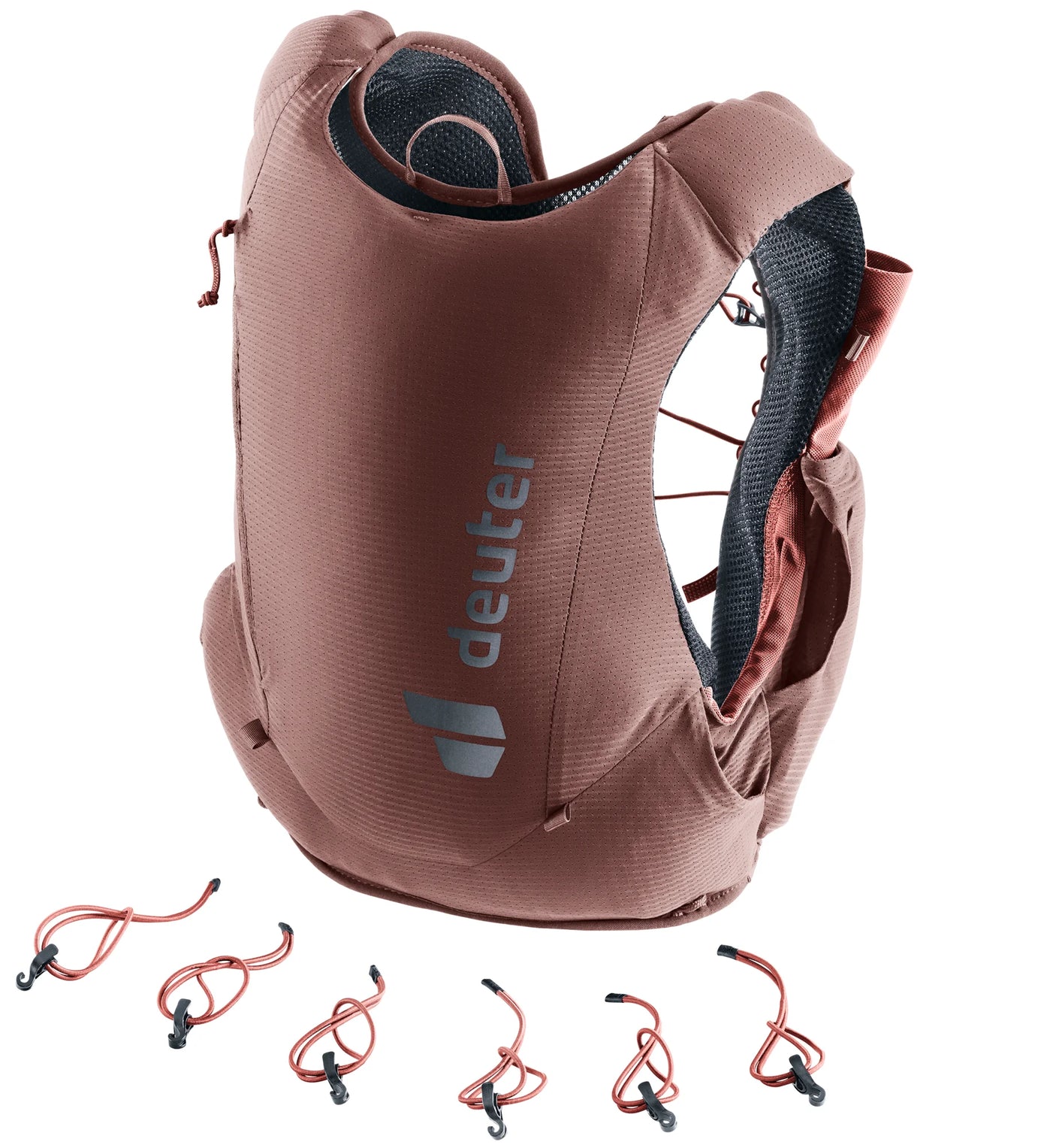 deuter Traick 5 SL running hydration vest in Raisin-Caspia on a neutral background.