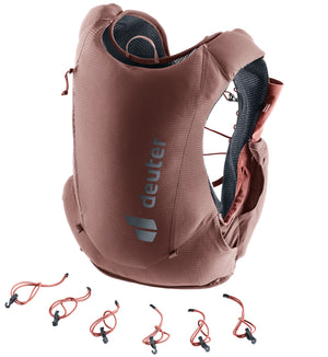 deuter Traick 5 SL running hydration vest in Raisin-Caspia on a neutral background.