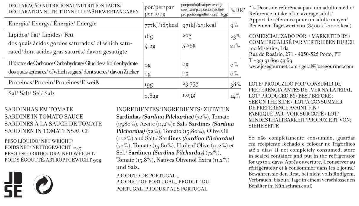 Nutritional facts label for José Gourmet Sardines in Tomato Sauce with ingredients list.