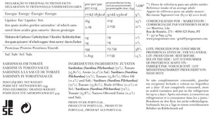 Nutritional facts label for José Gourmet Sardines in Tomato Sauce with ingredients list.