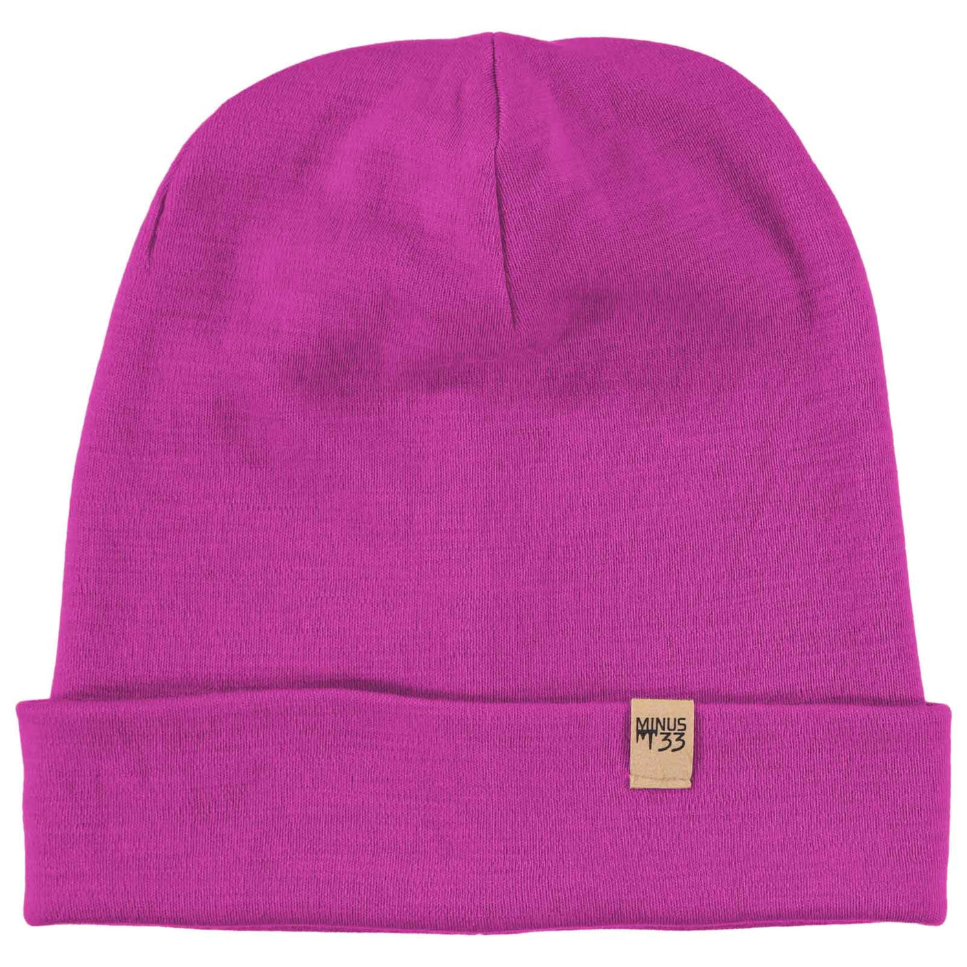 Minus33 Ridge Cuff Merino Wool Beanie in Radiant Violet on a neutral background.