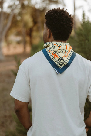 Bandits Grab The Horns bandana worn by a man outdoors.