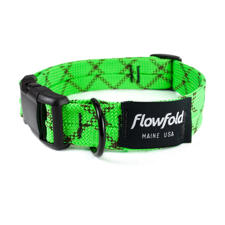 Flowfold Recycled Climbing Rope Dog Collar made in the USA on a neutral background.