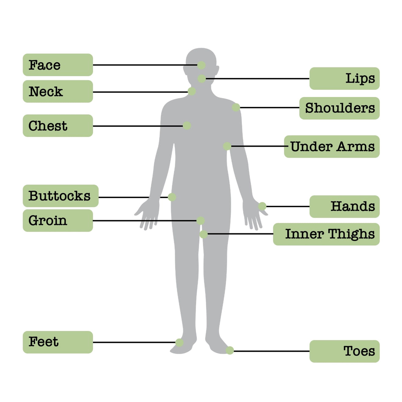 Diagram illustrating potential application areas for Squirrel's Nut Butter Anti-Chafe on the human body, highlighting areas like thighs, underarms, and feet.