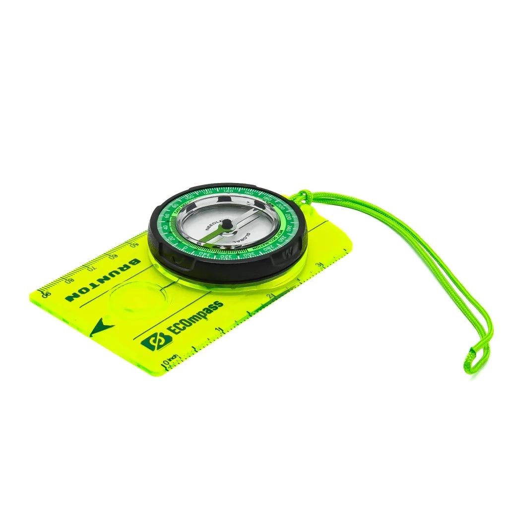 Brunton scout compass in recycled acrylic with imperial and metric rulers on either side.