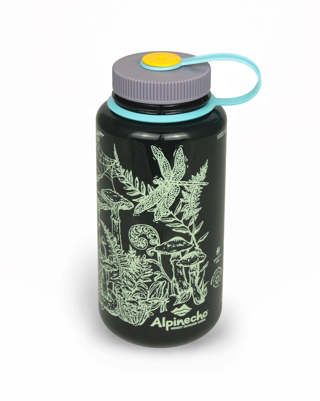 Jade bottle with a woodsy wrap-around design from Alpinecho features line drawings of forest floor dwellers, including snails, mushrooms, ferns, fiddle heads, butterflies, trillium, lady bug, and a salamander.