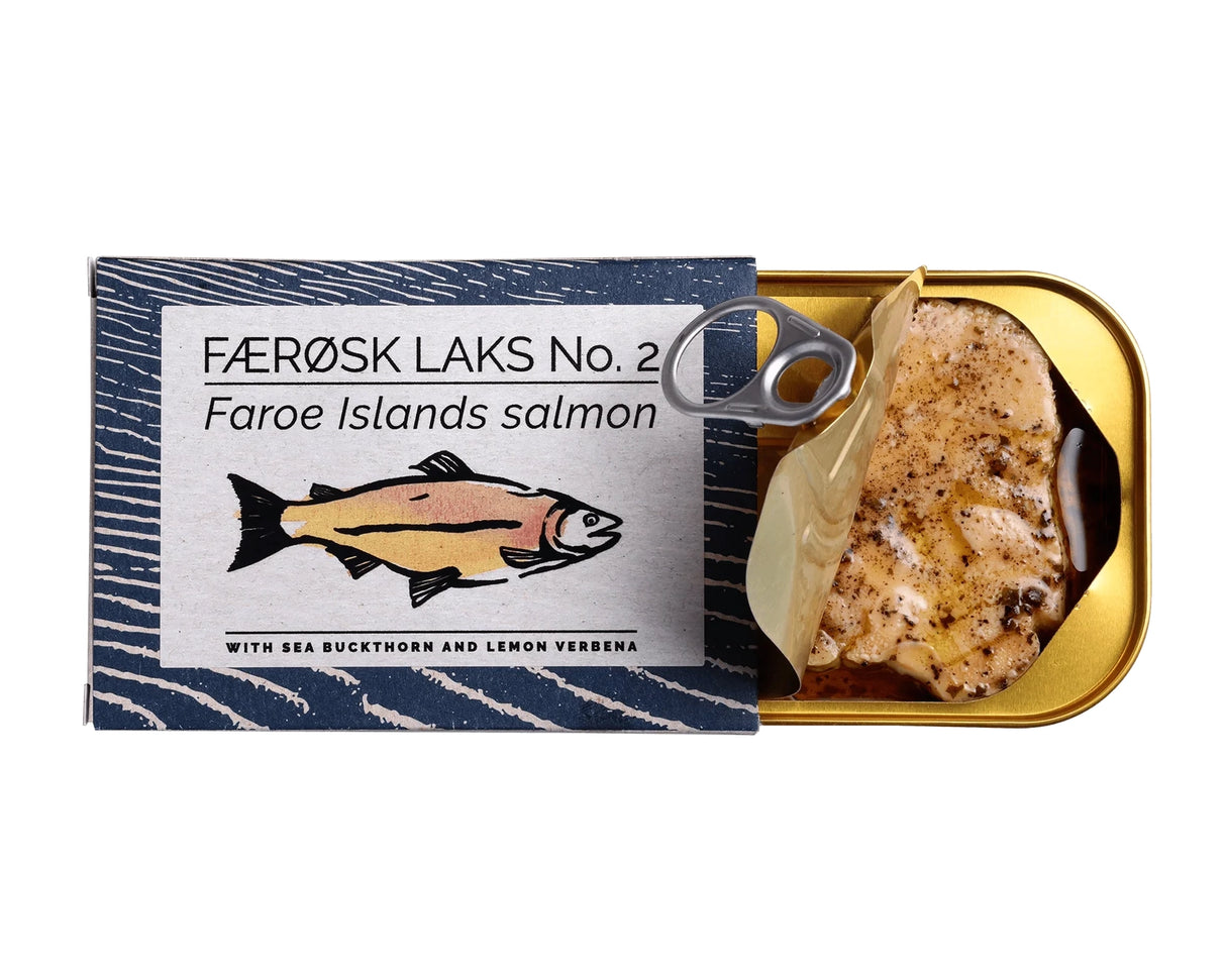 Tin of Fangst Faroe Islands Salmon with Sea Buckthorn & Lemon Verbena on a white background