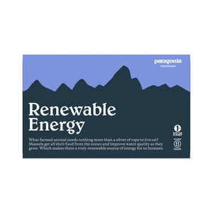 Patagonia advertisement with mountain graphic and 'Renewable Energy' text on a blue background