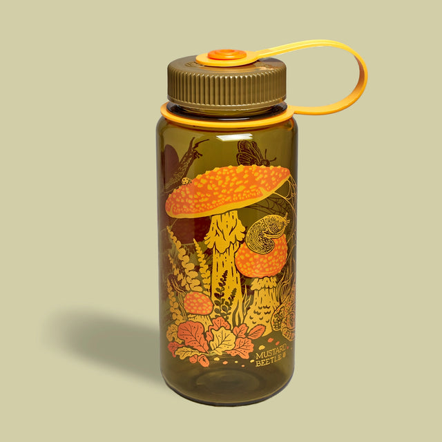 Mustard Beetle Toad & Mushrooms, 16oz Wide Mouth Nalgene Water Bottle on a neutral background.