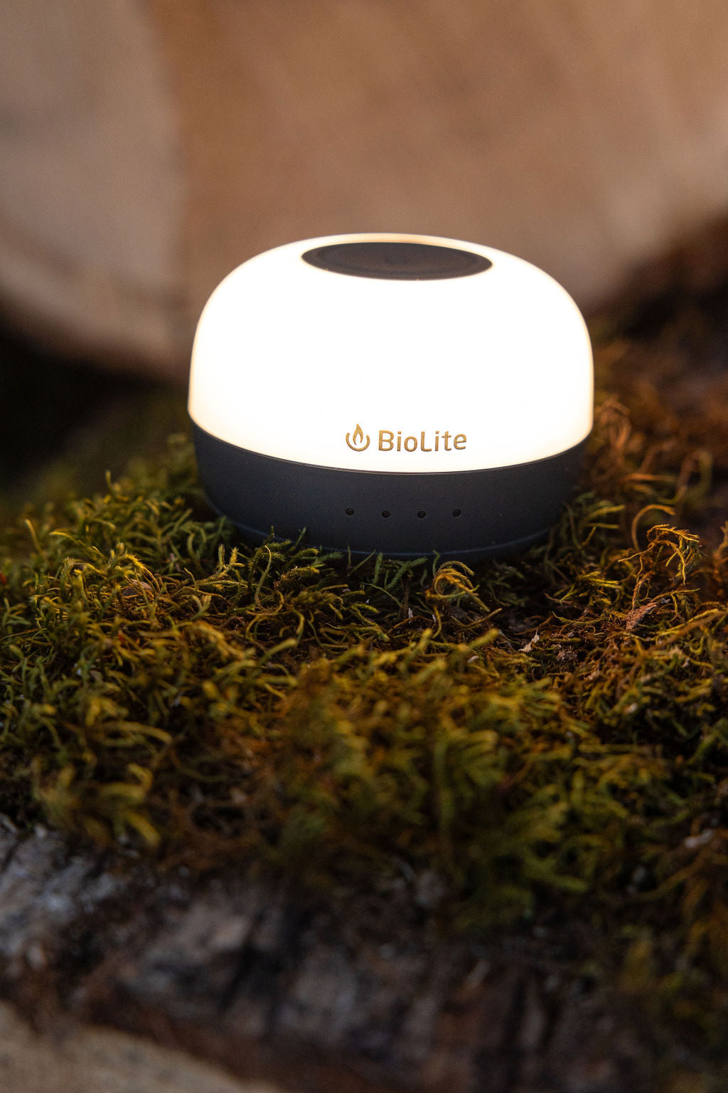 BioLite AlpenGlow Mini Lantern on a mossy log.