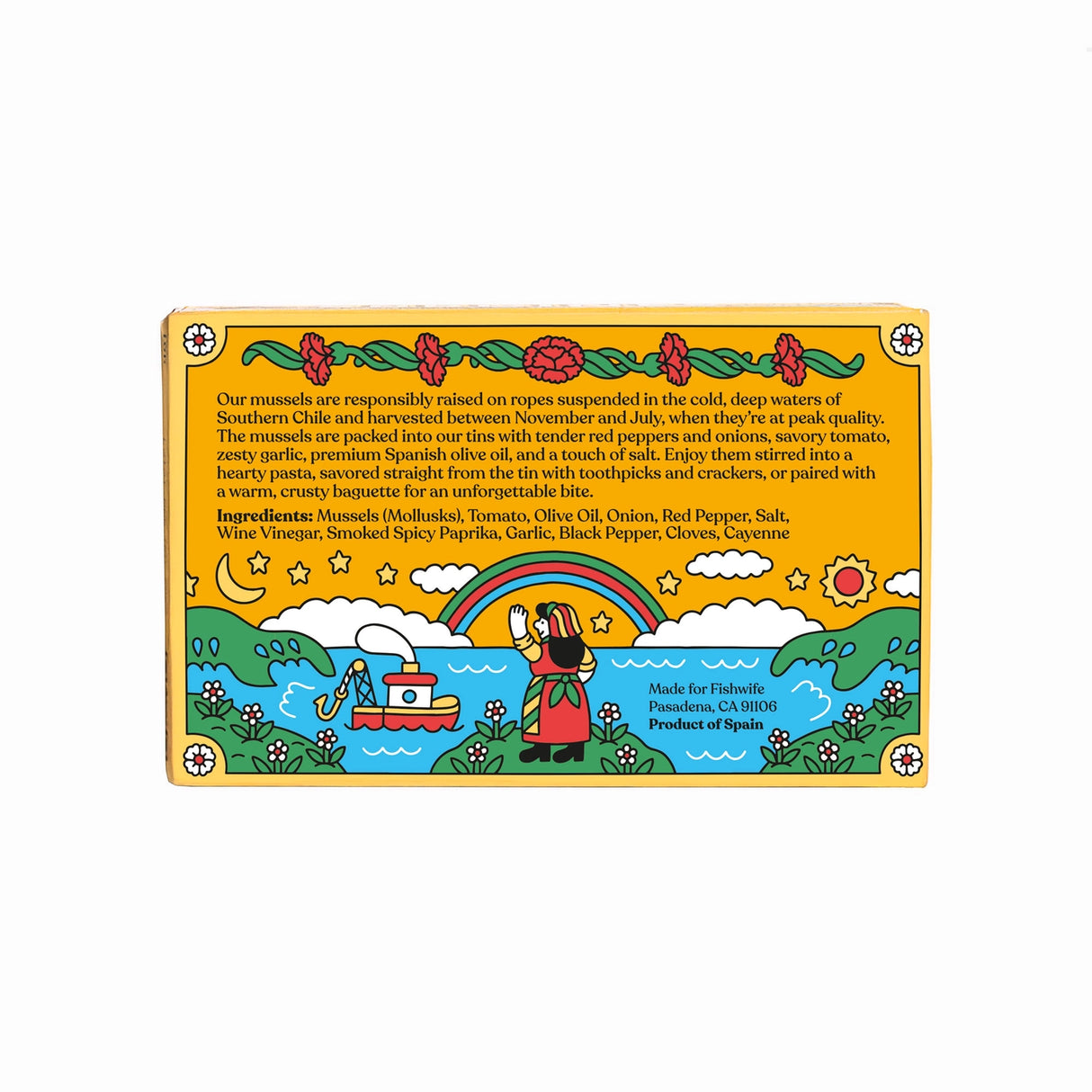 Fishwife Mussels with Sweet Pepper and Garlic illustrated label with a colorful design and text on a white background