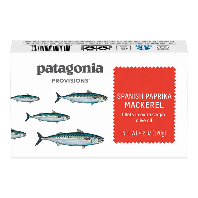 Patagonia Provisions Spanish Paprika Mackerel tinned fish packaging on a neutral background.