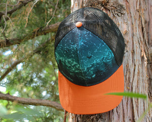 Alpinecho Stargazer Trucker Hat pictured outdoors on a tree.