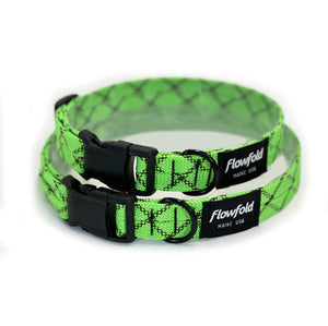 Flowfold Recycled Climbing Rope Dog Collar made in the USA on a neutral background with two different sizes.