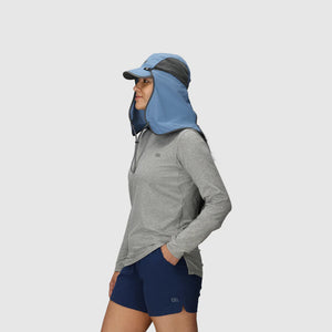 Outdoor Research Sun Runner Cap hiking hat in Blue on a neutral background.