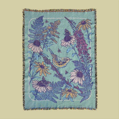 Mustard Beetle Prairie Woven Blanket Tapestry on a neutral background.