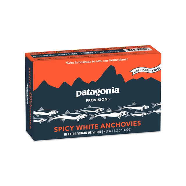 Box of Patagonia Provisions Spicy White Anchovies on a white background