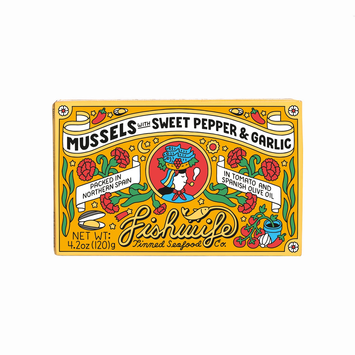Fishwife Mussels with Sweet Pepper and Garlic on a neutral background.