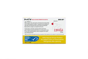 Packaging of Matiz Wild Cod in Spanish Olive Oil with branding and certification logos on a white background.