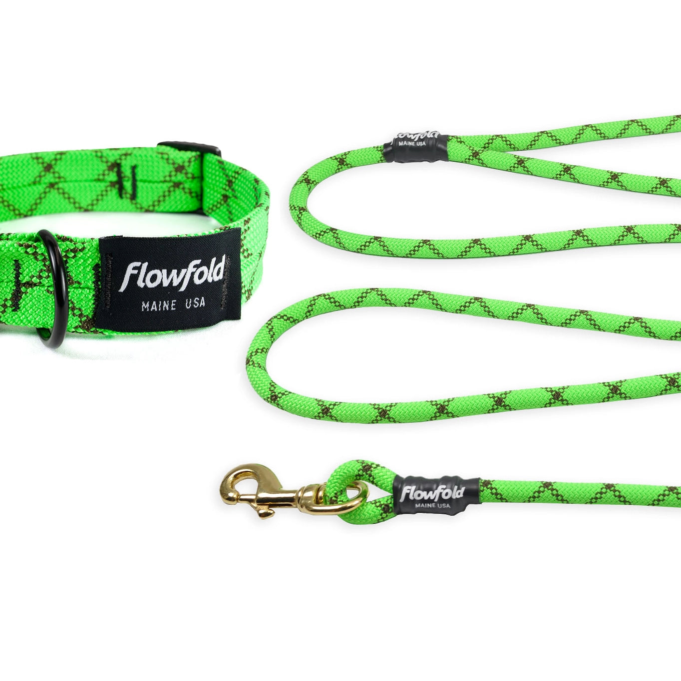 Flowfold Recycled Climbing Rope Dog Collar made in the USA on a neutral background showing the matching leash.