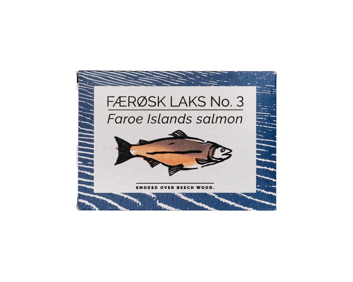 Packaging of Fangst Faroe Islands Salmon Smoked Over Beech Wood with a fish illustration on a white background