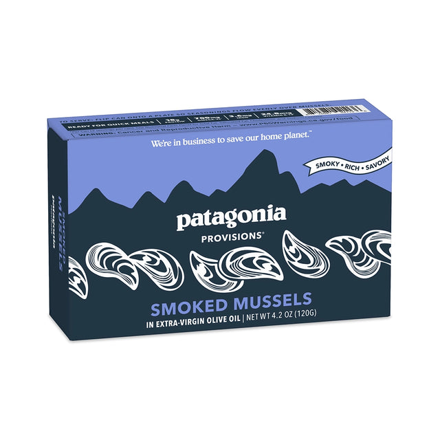 Patagonia Provisions smoked mussels packaging with mountain design