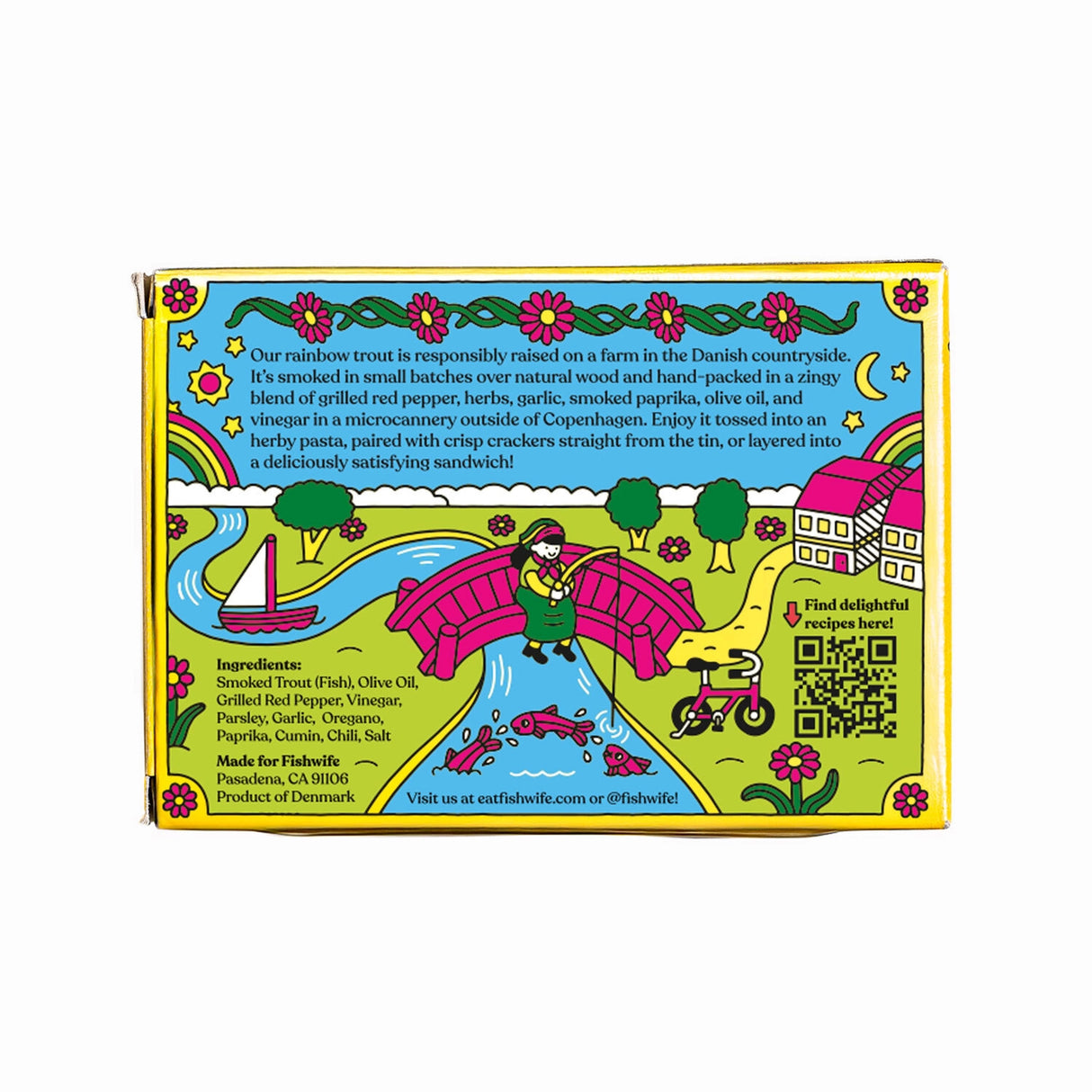 Colorful Fishwife Smoked Rainbow Trout with Red Chimichurri label with a cartoon design on a white background