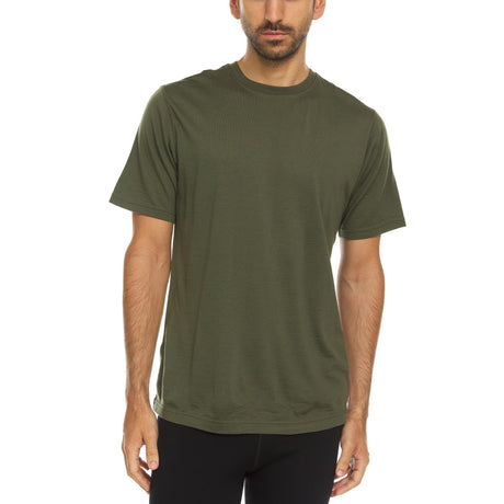 Minus33 Algonquin Merino wool shirt in Olive Drab from the front on a neutral background.