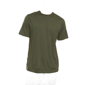 Minus33 Algonquin merino wool shirt in Olive Drab on a neutral background.