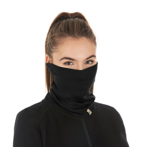 Minus33 Midweight Merino Wool Neck Gaiter worn by a woman and viewed from the front.