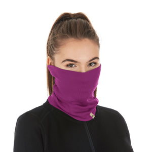 Minus33 Midweight - Neck Gaiter 100% Merino Wool in Radiant Violet being worn by a woman on a neutral background.