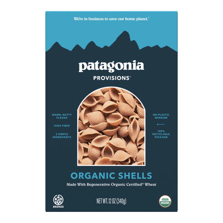 Patagonia Provisions Organic Pasta Shells 12oz Box packaging on a neutral background.