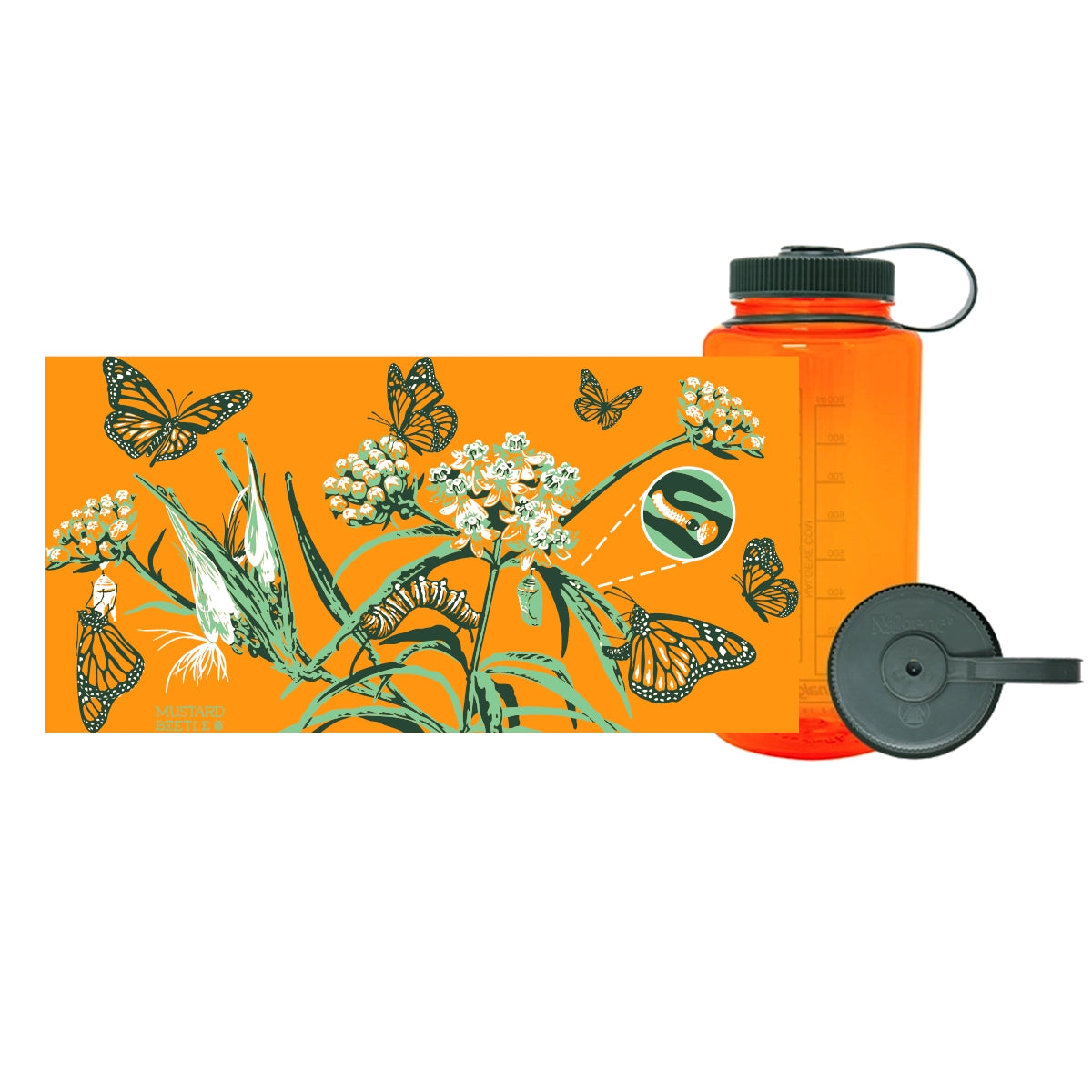 Mustard Beetle Monarch, 32oz Nalgene Water Bottle in orange with butterfly and plant design on a white background